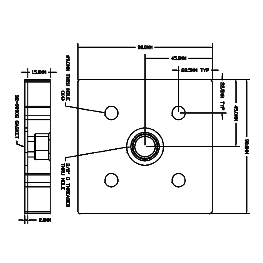 32-909038G-1SS MODULAR SOLUTIONS PNEUMATIC PLATE 90MM X 90MM WITH GASKET 3/8" G THREADED CENTER THRU HOLE